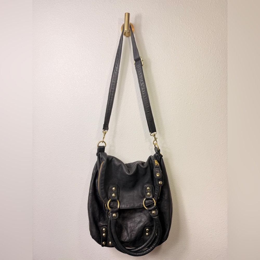 Linea Pelle Dylan Gold Hardware Leather Two Way Crossbody Hobo Bag